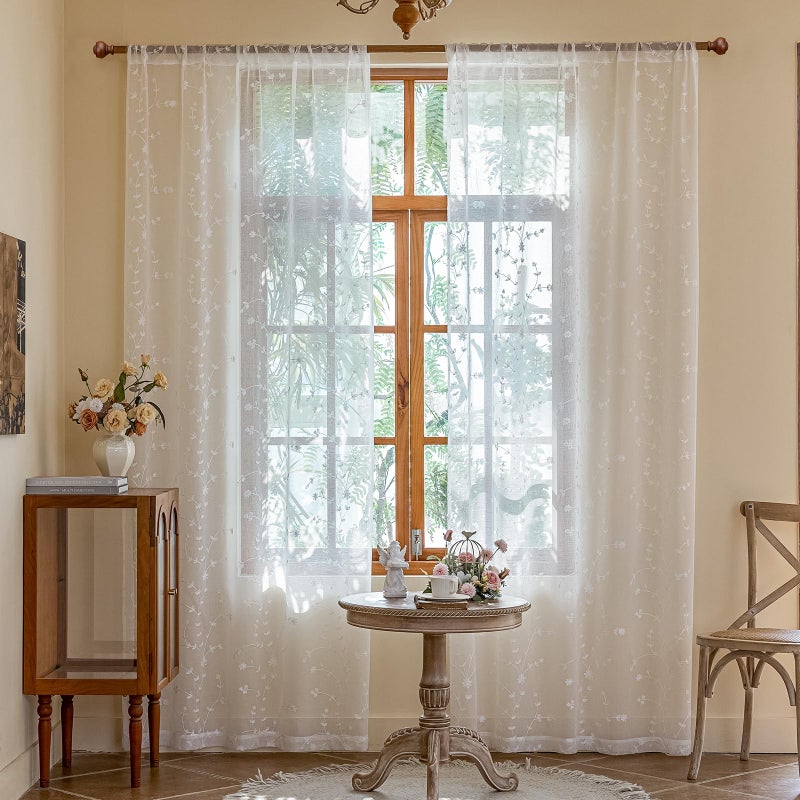 AmHoo 2 Panels Leaf Flora Embroidered Farmhouse Semi Sheer Curtain Voile Curtains for Living Room Bedroom Window Treatment White 53 x 63 Inch - Image 2